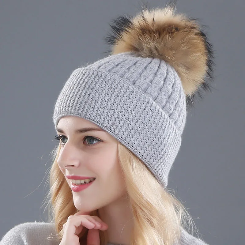 

Xthree Real Raccoon Fur Winter Hat for Women Girl 's Hat Wool Knitted Beanies Hat With Pom Pom Thick Female Cap Skullies Bonnet