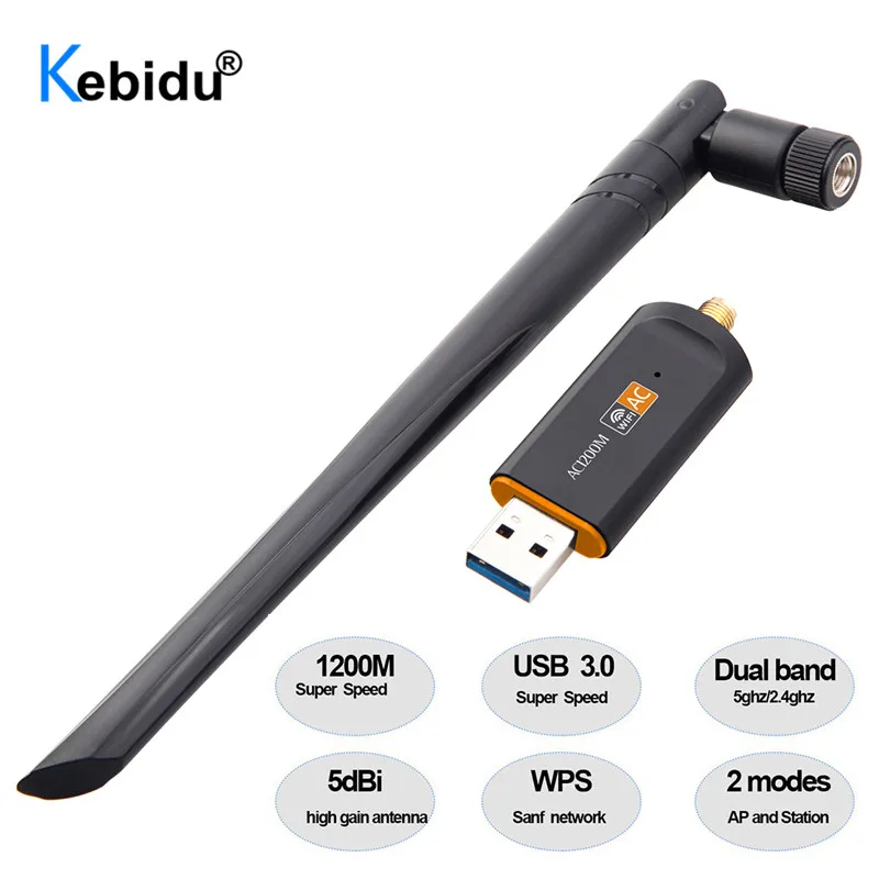 KEBIDU 1200Mbps USB 3.0 Wifi Adapter Wi-fi Dongle Receiver 2.4Ghz/5Ghz Dual Band Network Card RTL8812 5dBi Antenna For Laptop PC |