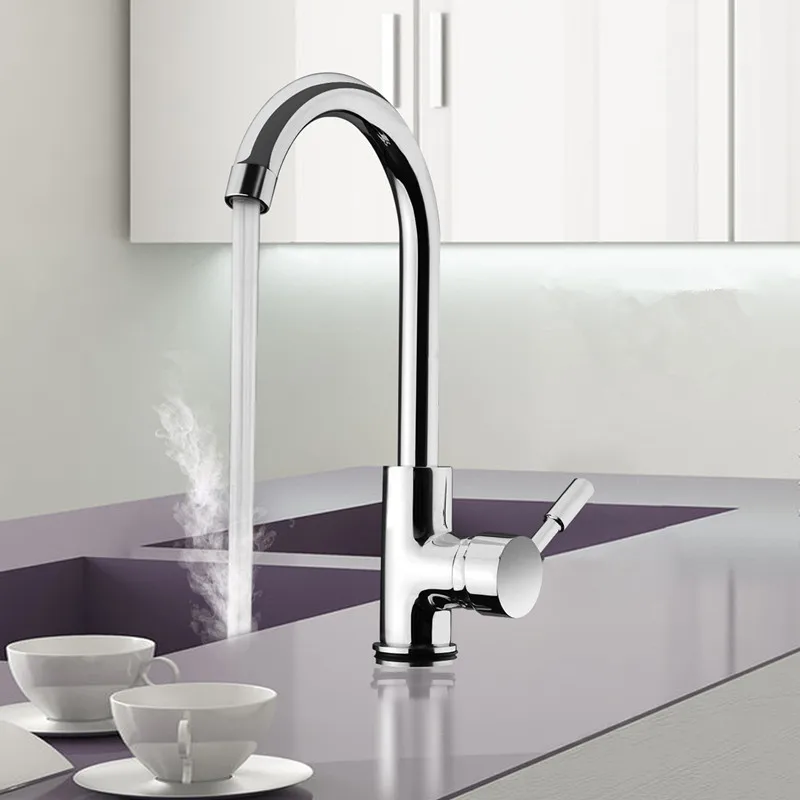 

Chrome Kitchen Sink Basin Water Faucet Curved Spout Mixer Tap 360Rotatable Bathroom Hot And Cold Single Handle Tap Deck Mounted