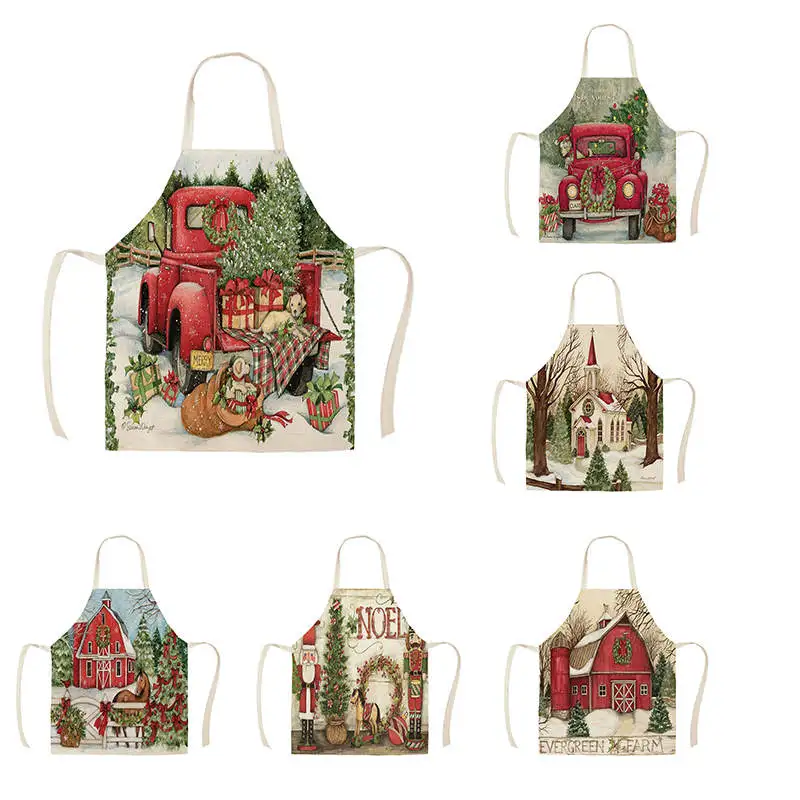 1Pcs Kitchen Apron red truck christmas wish tree Printed Sleeveless Cotton Linen Aprons for Men Women Home Cleaning Tools55*68cm