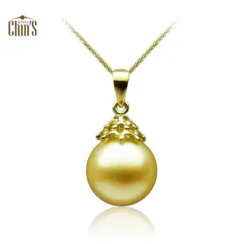

Free Shipping AAA 9-10mm Round Golden Real South Sea Cultured Pearl Pendant 18K Yellow Gold