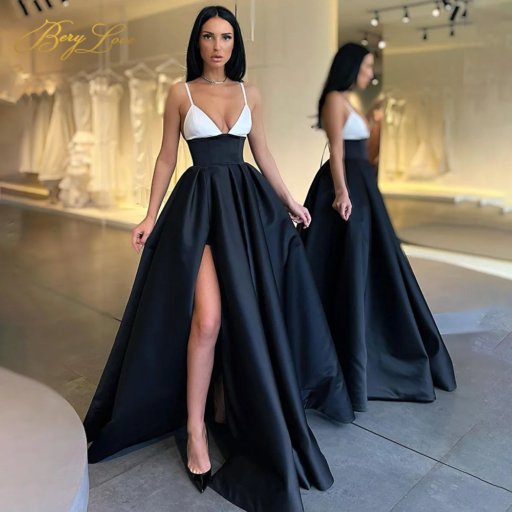 

Sexy Satin Splicing Evening Dress Spaghetti Strap Side Slit Prom Dress High Waist Evening Gown A Line Party Dress Robe de soiree