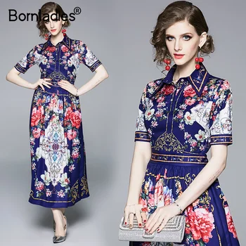 

Bornladies Summer Women's Runway Dresses Turn Down Collar Short Sleeve Charming Floral Printed Maxi Long Party Dress Vestidos