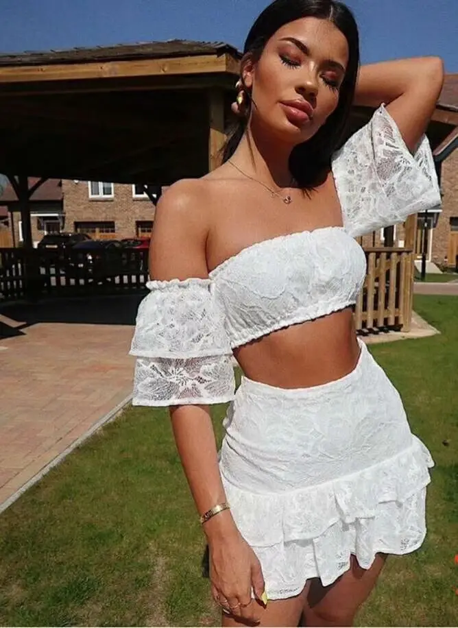 

High Qulaity Sexy Women White Lace Strapless Mini Sexy Women 2 Pieces New Fashion Sets