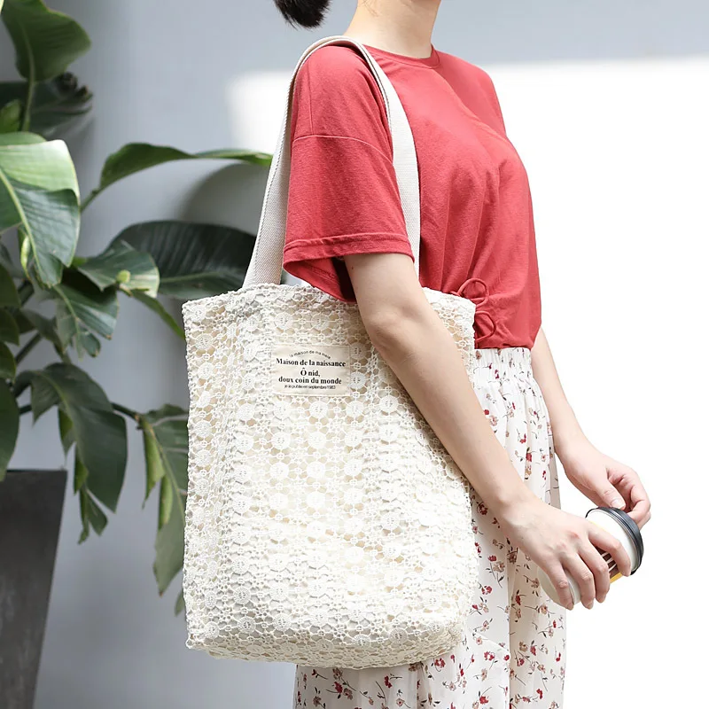 Простая открытая сумка на плечо из овечьей шерсти, кружевная Студенческая Холщовая Сумка, модная многоразовая Эко сумка для покупок, складная Женская пляжная сумка