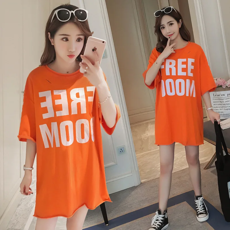 

Pregnant Women Fashion with Holes Lettered Printed T-shirt Large Size Loose-Fit Nursing T-shirt Nursing Clothes