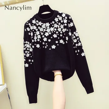 

Black Embroidered Flower Sweater Sweaters Knitwear Women's Pullover Sweater Runway Jumper Turtleneck Nancylim