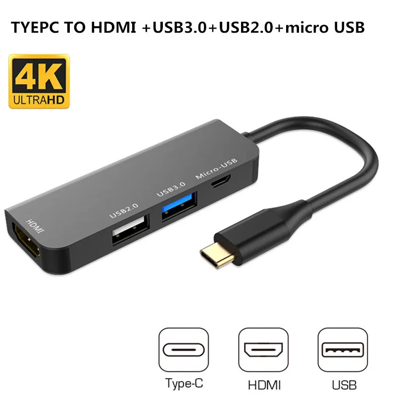 Thunderbolt3 4k 30hz usb-хаб type c к hdmi usb3.0 2,0 micro usb зарядное устройство адаптер 4 в 1 для MacBook pro matebook Galaxy S10 s9 - Цвет: Черный