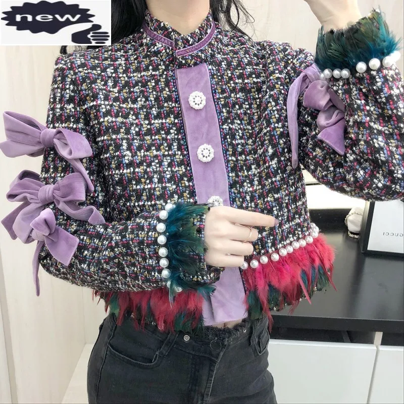 

New Fashion Women Short Colors Plaid Tweed Bowknot Elegant Ladies Party Coat Pearls Tassels Turtleneck Vintage Jacket