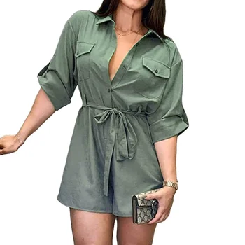 

Lace Romper Women Streetwear Playsuit Short Sleeve Chest Pockets Lapel Neck Loose Overalls Clothes