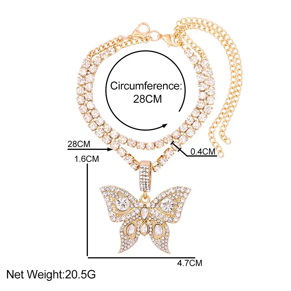 Iced Out Crystal Rhinestones Butterfly Pendants Anklet Chain For