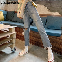 Colorfaith Новинка женские джинсы Рваные прямые синие бойфренды винтажный корейский стиль брюки с высокой талией женские джинсы из денима J0055