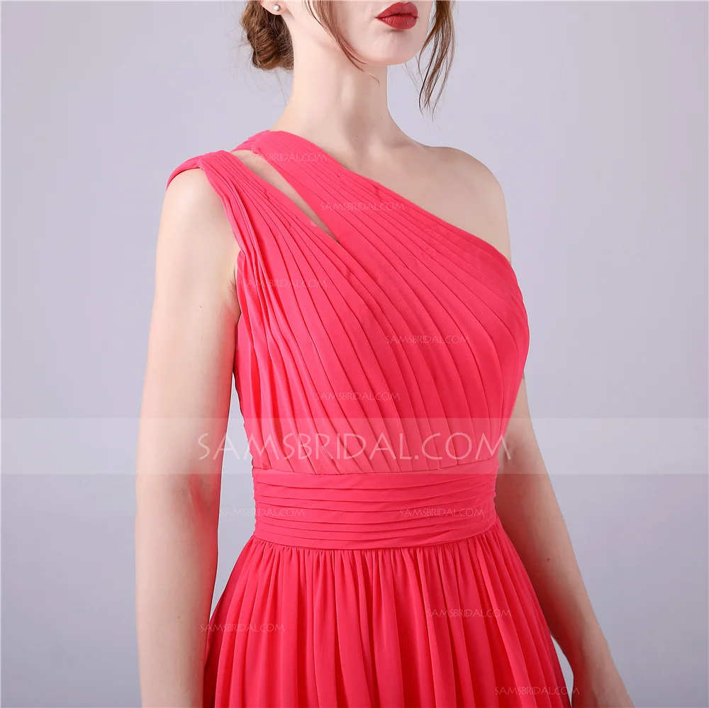 A-line One Shoulder Floor-length Chiffon Bridesmaid Dress with Ruched Side-Draped For Wedding Party