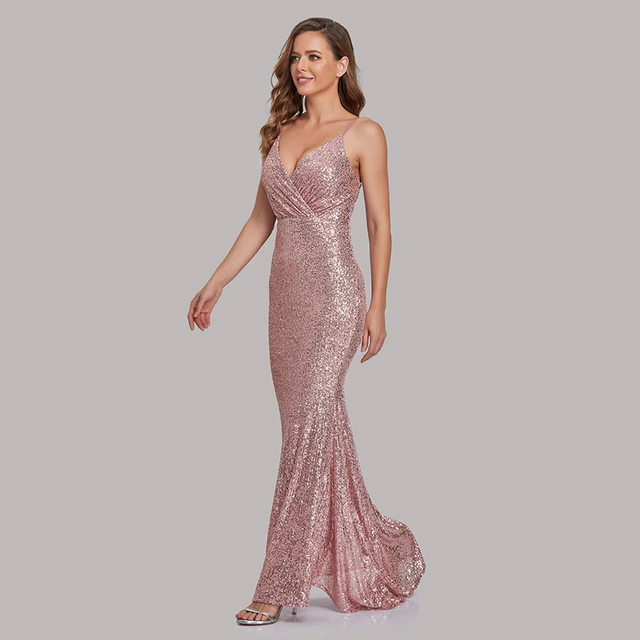 Sexy Sequins Evening Dresses V Neck Sleeveless Mermaid Women Occation Formal Party Gowns Spaghetti Strap Robe De Soriee Vestidos Onion Pink