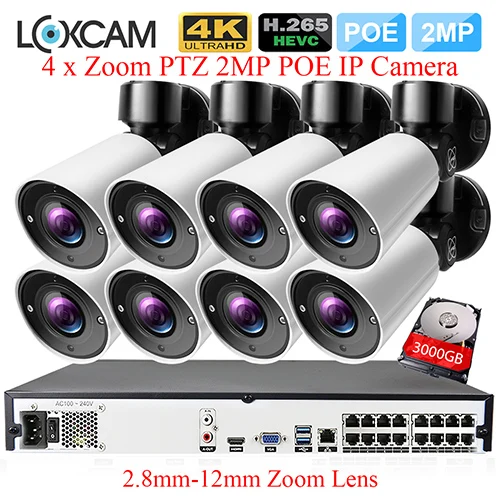 LOXCAM H.265+ PTZ 5MP CCTV Камера Системы 16CH POE NVR Kit HD 2MP 1080P 5xzoom ip-камера видеонаблюдения с поддержкой Wi Камера 2,8-12 мм с переменным фокусным расстоянием Камера комплект 4K - Цвет: 16CH NVR x 8 Camera