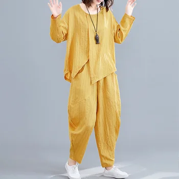 

[EWQ] 2020 Spring Summer New Pattern Round Collar Long Sleeve Asymmetrical Solid Two Piece Set Women Fashion Tide AK99201