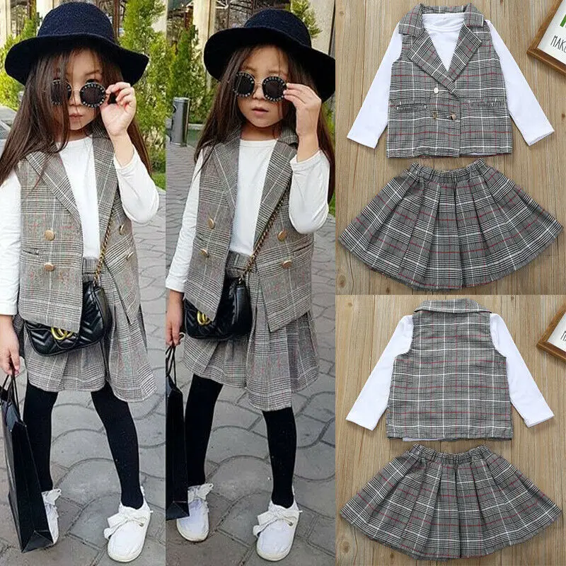 

Cute Newborn Girl Kids Clothes Sets Suit White T-Shirts Tops Plaid Vest+A-Line Skirt Outfit Formal Clothes