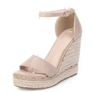 

fanyuan Wedge High Heel Women Shoes PU Leather Fashion Platform Rivet Ladies Sandals Open-toed Buckle Women Pumps Size 34-43