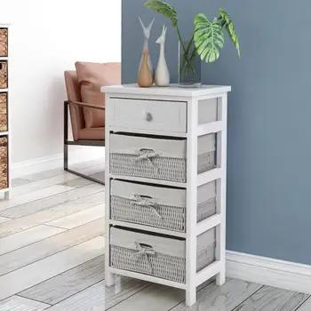 

Chest of Drawers Matte White Storage Shelf Cabinet with Basket Solid Wood Unit for Bedroom Living Room Bathroom Nightstand