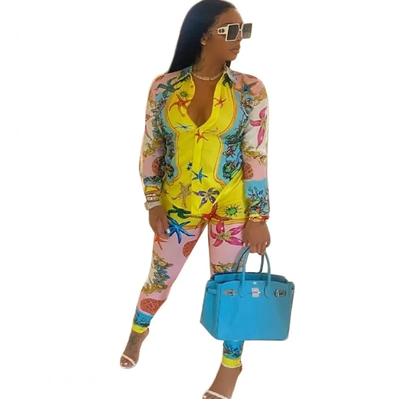 2 Piece Set Spring Autumn Women Sexy Print Long Sleeve Shirt Blouse Top And Pants Sets Outfits Fashion Vintage Matching Sets New