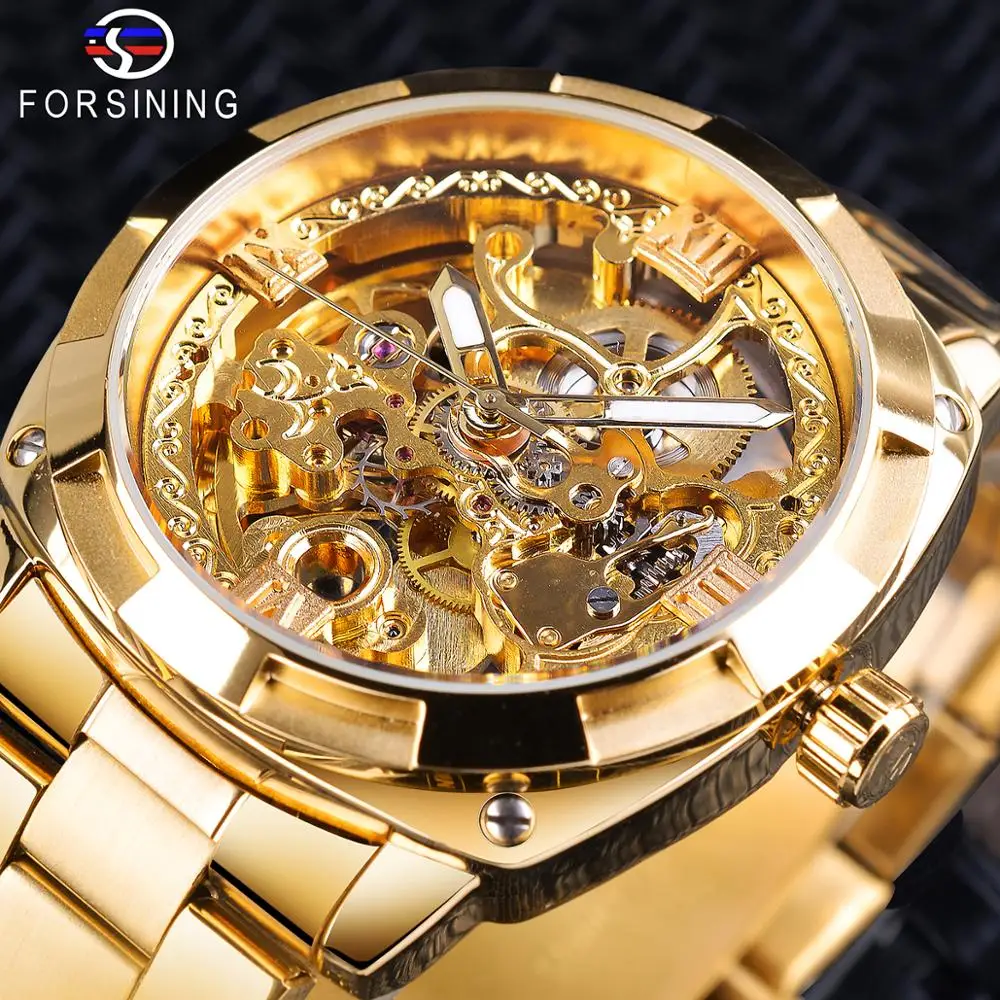 Forsining Retro Men's Automatic Mechanical Wirstwatches Top Brand Luxury Full Golden Design Luminous Hands Skeleton Clock Male
