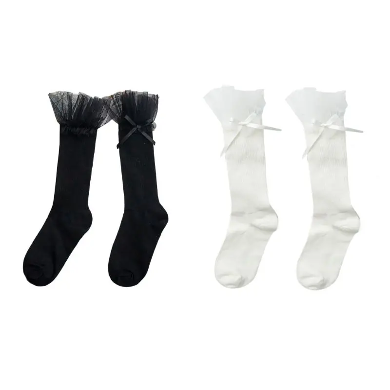 Женские носки в рубчик, трикотажные хлопковые носки с оборками, сетчатые носки с бантом в стиле Лолиты, чулочно-носочные изделия, Новинка