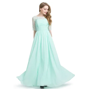 

Alagirls New Arrival Simple Chiffon Prom Dresses with Lace 2020 A-Line Fresh Mint Party Dresses Vestido de damas de honor