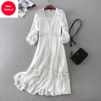 

NEW 2020 Summer Women Long Tunic Beach Dress Sundress Long Sleeve White Lace Sexy Boho Maxi Dress Holiday Clothes Autumn
