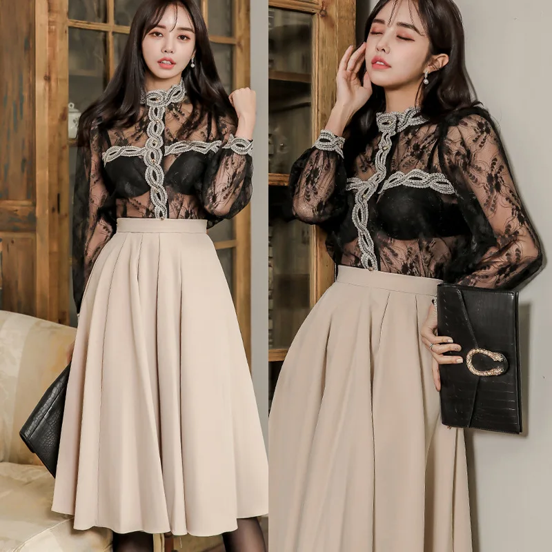 

2020 Spring Clothing New Products Retro Elegant Transparent Lace Shirt High-waisted Big Hemline Type Medium-length Dress Two-Pie