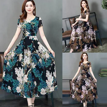 

Fashion summer dress vestidos Casual Women O-Neck Short Sleeve Long Dress Printed Slim A-Line Dress платье женское#guahao