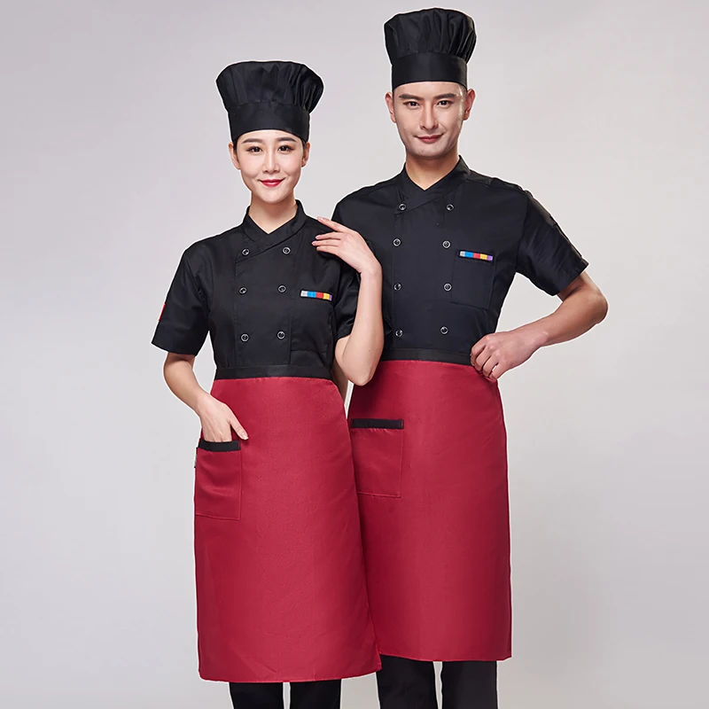 Chef Uniform Unisex Restaurant Kitchen Breathable Double Breasted Shirt Chef Jacket+cap+apron work short sleeves clothes for men