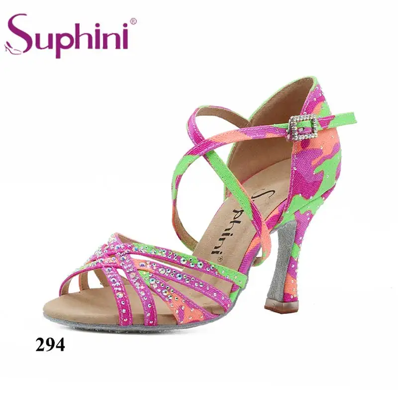 Новое поступление, Suphini, камуфляжные флуоресцентные зеленые сандалии для латинских танцев, профессиональная обувь для сальсы на высоком каблуке