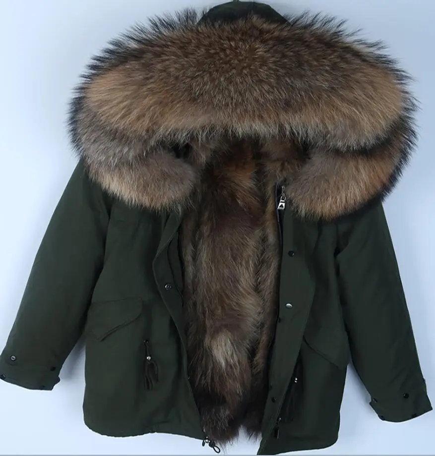 raccoon fur liner Толстое теплое короткое пальто мужская зимняя куртка воротник из натурального меха енота пальто с капюшоном природный енот меховая подкладка Куртка парка из натурального меха - Цвет: raccoon fur liner