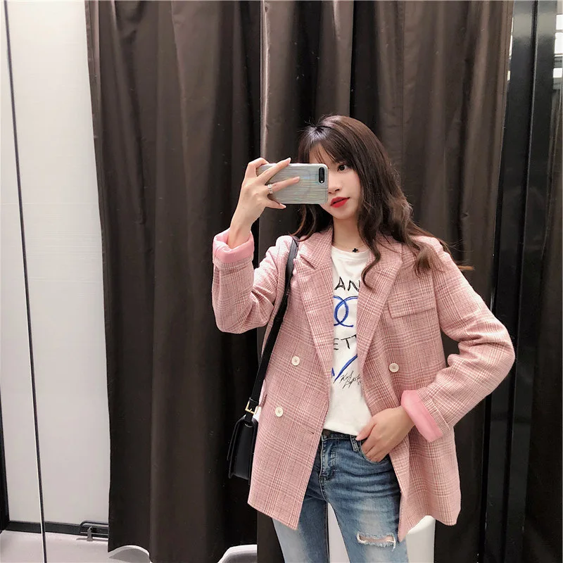

2019 New Style Korean-style CHIC Loose Retro Small Suit Double Breasted Plaid Coat Female Spring Students Casual Slimming