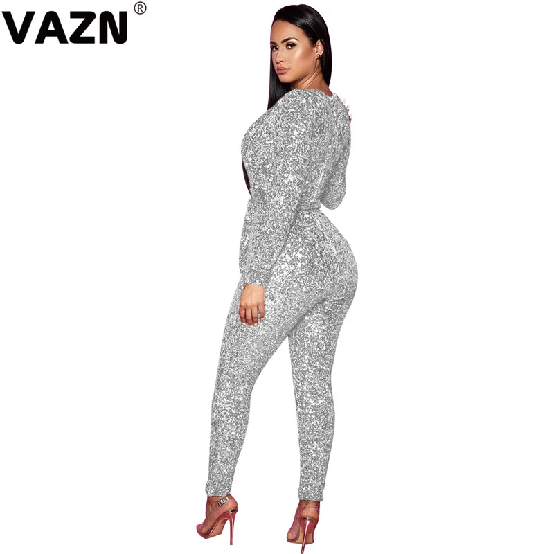 VAZN, v-образный вырез, с блестками, однотонный, яркий, модный, уличный, Повседневный, облегающий, сексуальный, длинные штаны, тонкий, длинный комбинезон