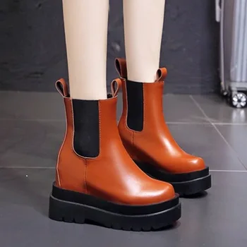 

Mid-Calf Women's Boots 2020 Autumn PU Leather Thick Sole Wedges Shoes For Woman Autumn Boots Ladies Chunky Boot Shoes