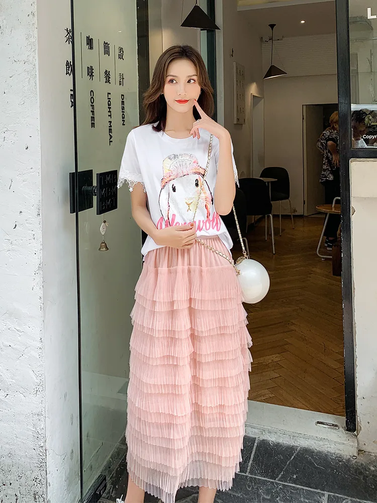

Fashion WOMEN'S Suit 2019 New Style Korean-style Crew Neck Short Sleeve Printed T-shirt Medium-length Skirt Two-Piece Set