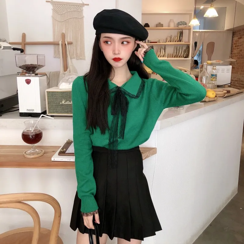 Woherb Pull Femme милые кружевные вязанные пуловеры в стиле пэчворк с отложным воротником и длинным рукавом, джемперы в Корейском стиле, модные топы на осень, новинка 91100