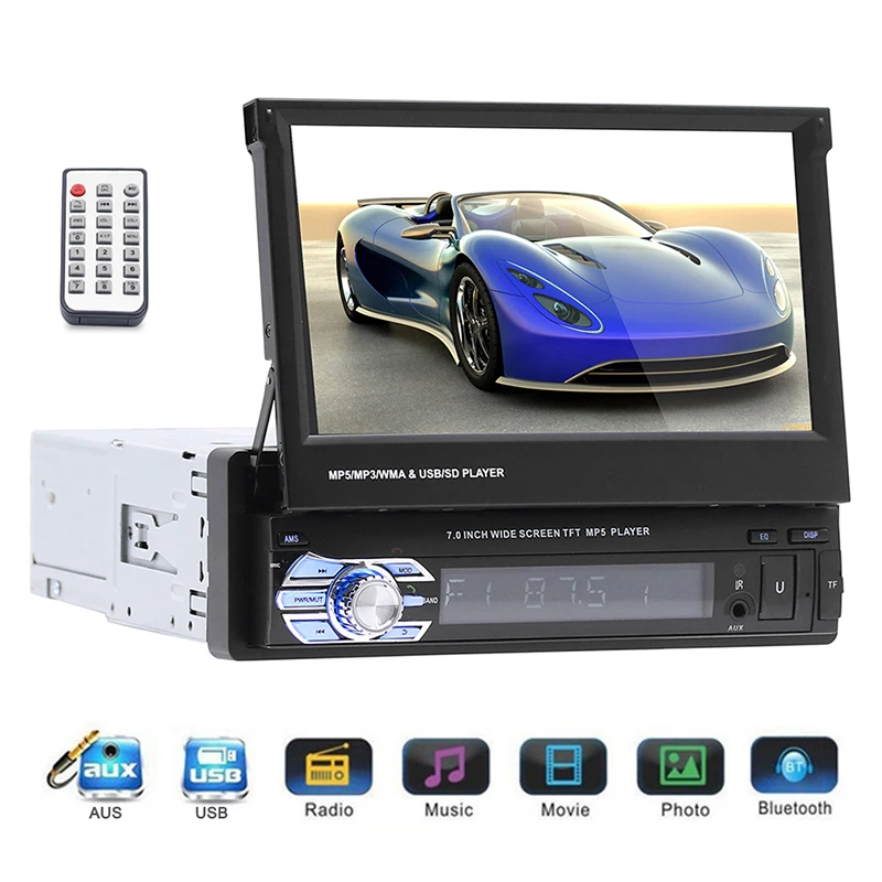 

7 Inches Auto MP5 Player for FM/USB/AUX Bluetooth Retractable HD Screen Colorful Buttons Universal TF Rear View Audio