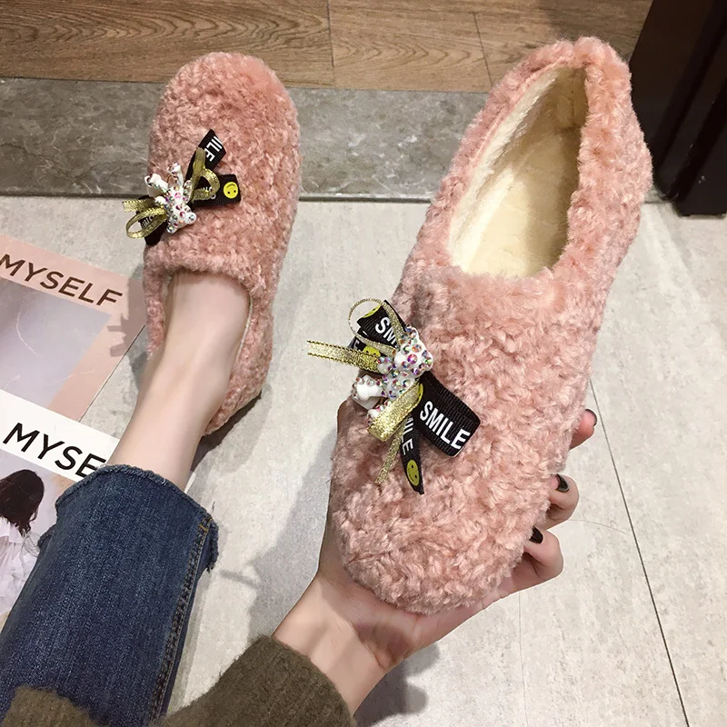 

Casual Woman Shoe Loafers Fur Winter Shoes Women Women's Moccasins Round Toe Autumn Shallow Mouth Crystal Fall Rhinestone