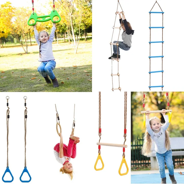 42cm Wood Trapeze Swing Bar with Plastic Gym Rings 2in1 Playground Swing Set for Children Kids Indoor Outdoor