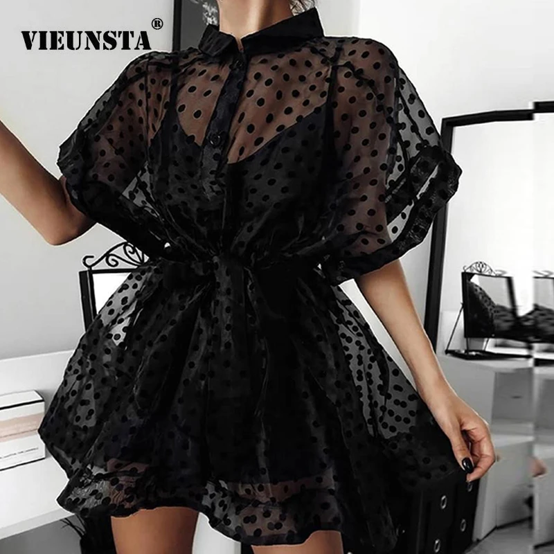 

2020 Spring Summer Polka Dot Mesh Mini Dress Elegant Lady Turn-Down Collar Shirt Party Dress Sexy Batwing Short Sleeve Dresses