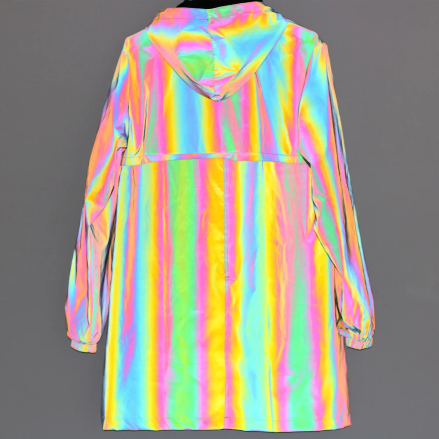 Men Unisex High Street Rainbow Reflective Hooded Jacket Windbreaker Dust Coat Trench