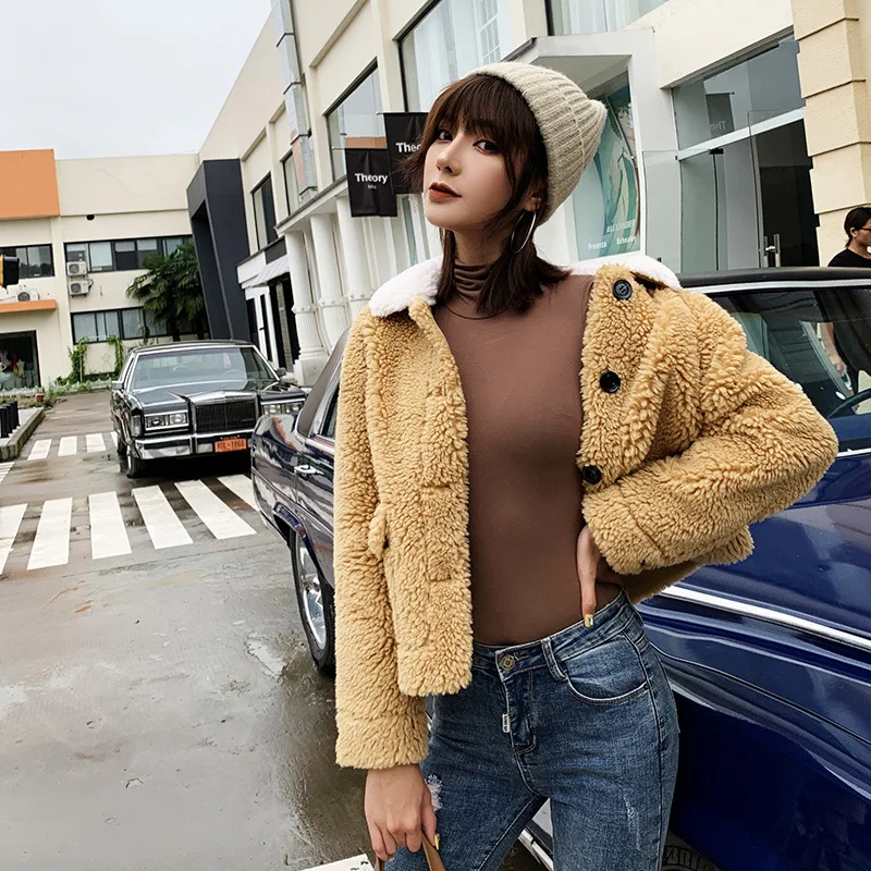 Yellow Модная короткая овчина, пальто для женщин, повседневная шерстяная Женская куртка, меховая куртка с длинным рукавом, короткий лохматый кардиган, элегантная теплая верхняя одежда - Цвет: Yellow