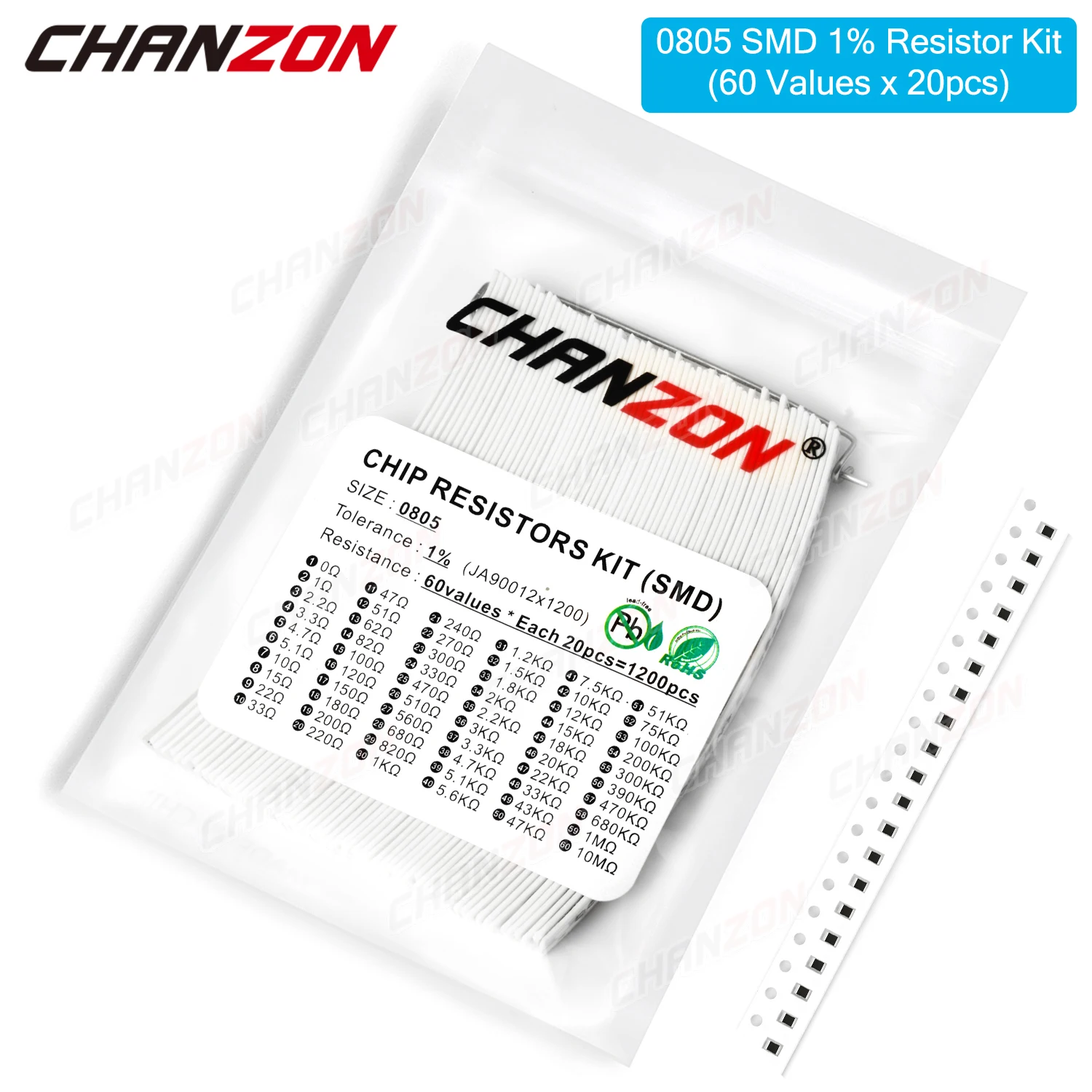 Conjunto sortido dos resistores de 1200 pces smd 0805 (60 valores x 20 pces) 0ohm-10m ohm 1/8 watt 1% jogo da resistência da microplaqueta do filme da elevada precisão