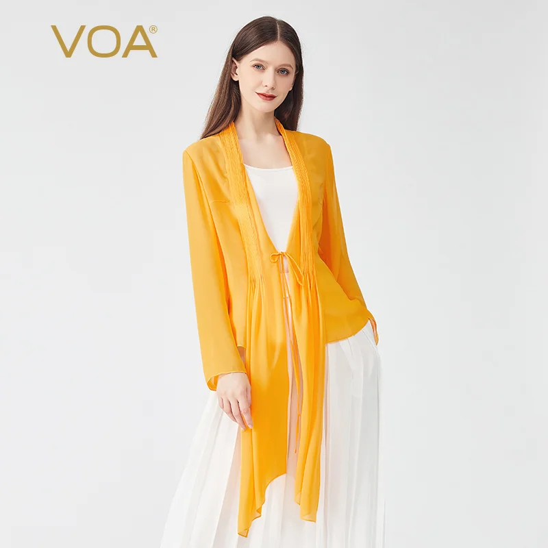 VOA 하이 스트리트 스카프 칼라 실크 조젯 코트 여성 가을 솔리드 긴 소매 느슨한 벨트 달콤한 숙녀 얇은 재킷 WE133