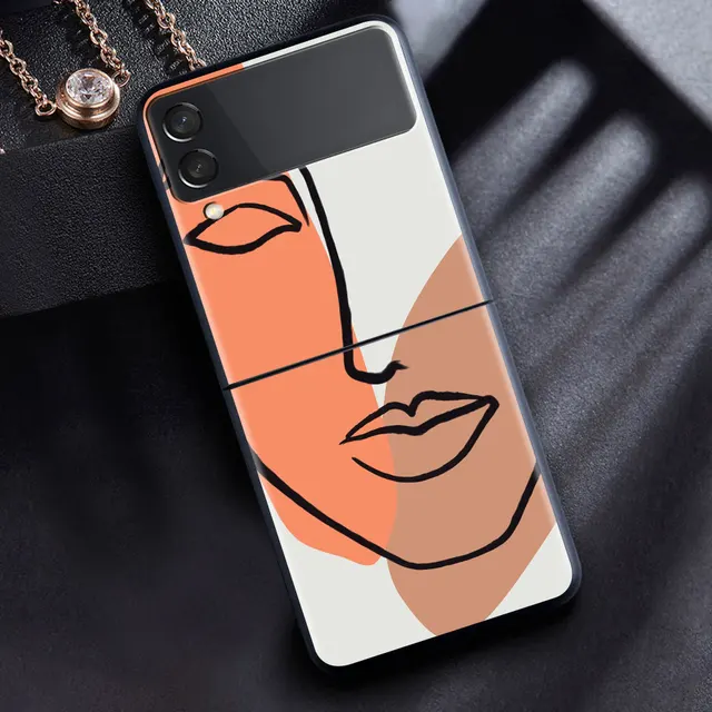 For Samsung Galaxy Z Flip 3 5G Case Luxury Matte Black Hard Phone Cover ZFlip 3 Shockproof Fundas Shell Abstract Women Face Line B04