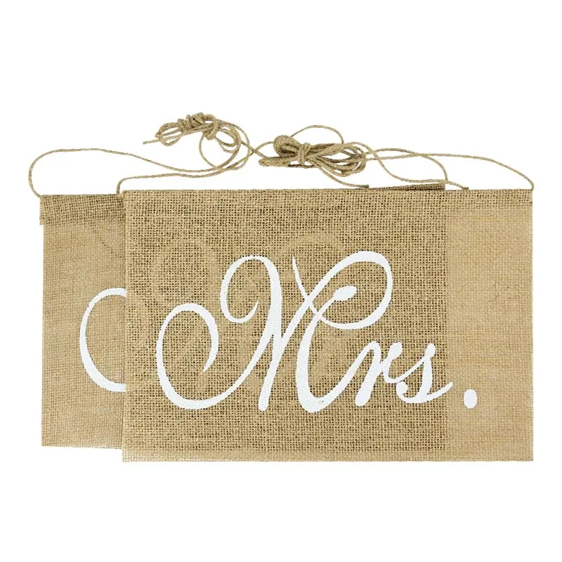1 Paar Mr. Mrs Hochzeitsstuhl-Banner, Jute-Sackleinen-Flaggen, Hängeschild, Vintage, rustikale Hochzeitsdekoration, Foto-Requisiten, Partyzubehör – Detail 6