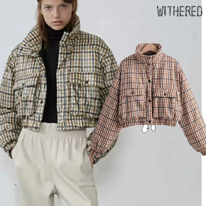 

Withered jacket women england vintage pockets plaid thick warm casaco feminino jaqueta feminina short coat women bomber jacket