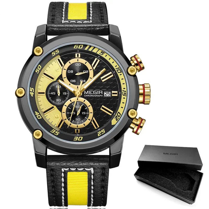 M2079-Yellow-Black Мужские спортивные часы MEGIR с кожаным ремешком и хронографом, модные водонепроницаемые аналоговые кварцевые наручные часы для мужчин 2079GDBK - Цвет: M2079-Yellow-Black